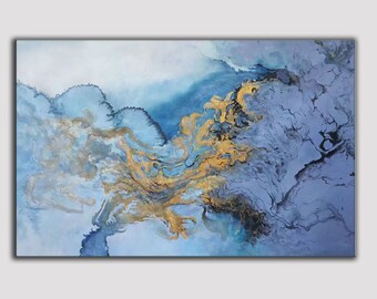 大きな抽象画オリジナル、青い抽象油絵、モダンな抽象壁アート、特大