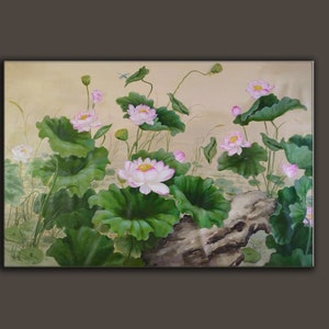 May include: A painting of pink lotus flowers with green leaves and stems. The flowers are in various stages of bloom, and the leaves are arranged in a way that suggests a pond or lake. The background is a light beige color.
