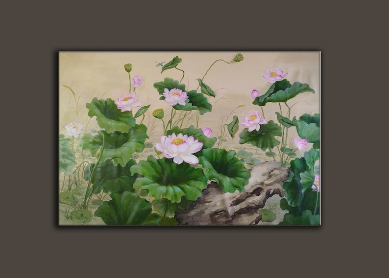 May include: A painting of pink lotus flowers with green leaves and stems. The flowers are in various stages of bloom, and the leaves are arranged in a way that suggests a pond or lake. The background is a light beige color.