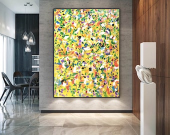 Pintura abstracta original – Fondo amarillo hecho a mano con pinceladas multicolores. Arte mural moderno y vibrante en lienzo para interiores atrevidos EM233