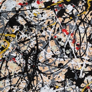 May include: Abstract painting with black, white, yellow, and red paint splatters on a beige background.