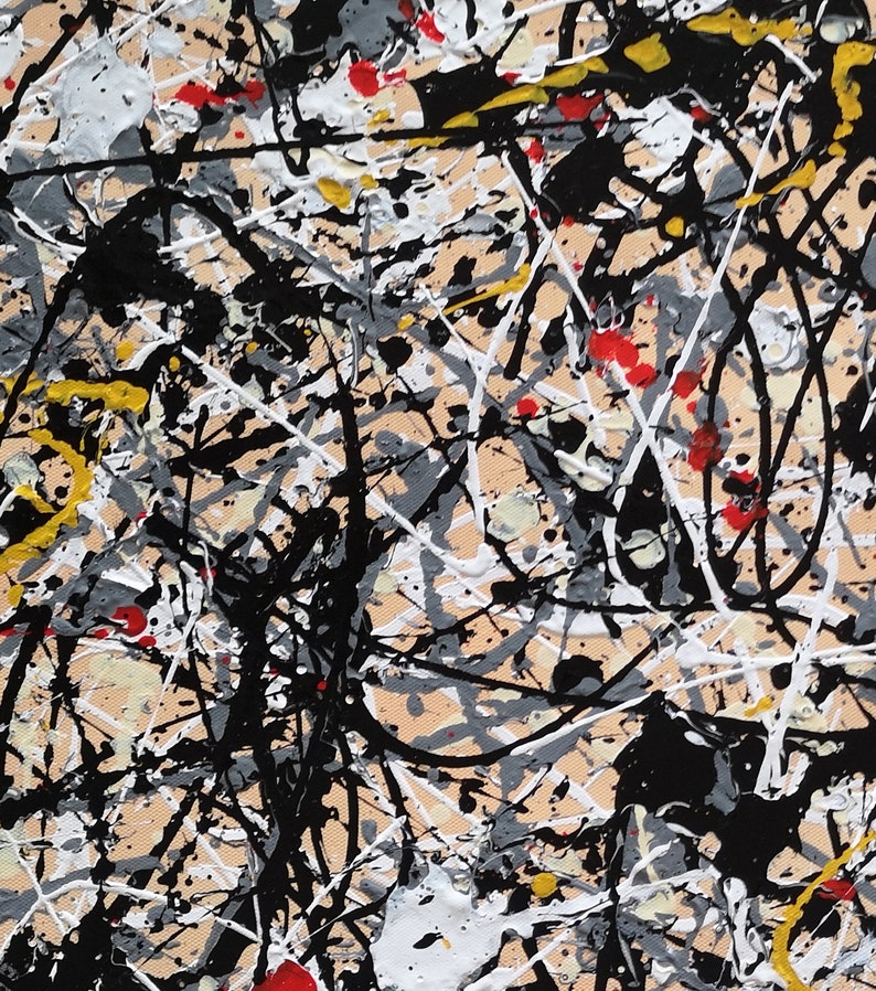 May include: Abstract painting with black, white, yellow, and red paint splatters on a beige background.