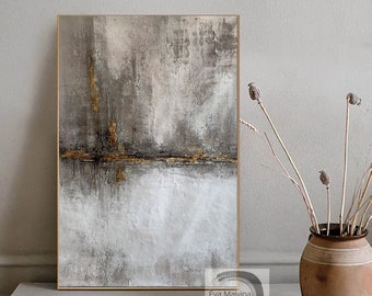 Original Gray Abstract Painting – Handmade Textured Canvas with Metallic Gold and Brown Lines E37