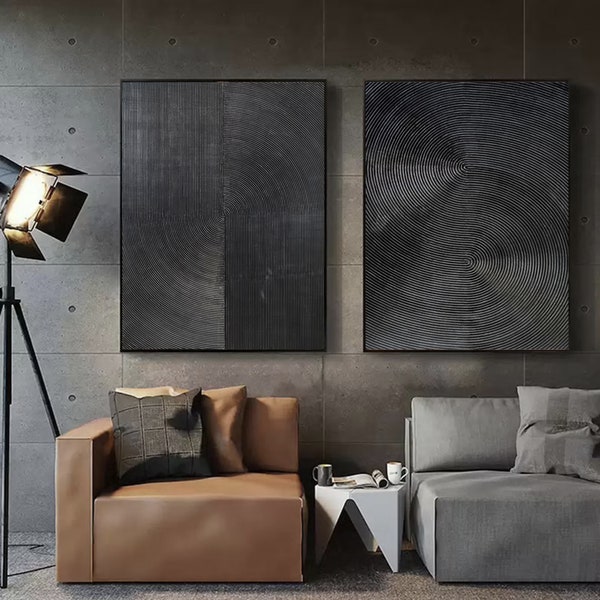 set of 2 abstract painting, very black painting, large abstract canvas art, rich textured wall art, original oil painting abstract E22