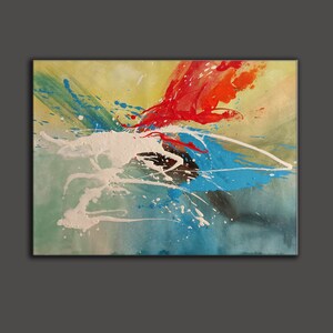 May include: Abstract painting with splashes of red, blue, green, and white paint on a yellow background.