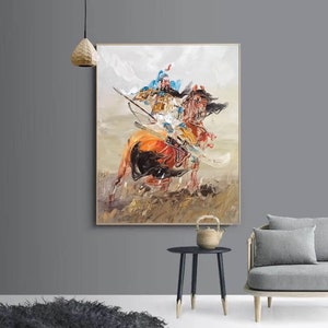 May include: A painting of a warrior riding a horse. The warrior is wearing blue and red armor and is holding a spear. The horse is brown and white and is running through a field of grass.