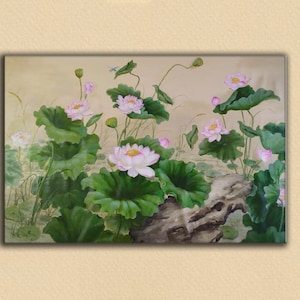 May include: A painting of pink lotus flowers with green leaves and stems. The flowers are in various stages of bloom, and the leaves are arranged in a way that suggests a pond or lake. The background is a light brown color.