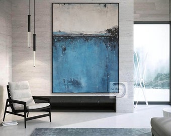 Deep Blue and Soft White Textured Painting | Large Handmade Abstract Canvas Art | Modern Abstract Artwork EM66
