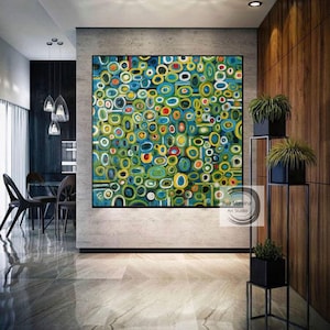 large green abstract painting, green painting, green canvas art, green minimalist painting, green texture wall art, living room decor EM73