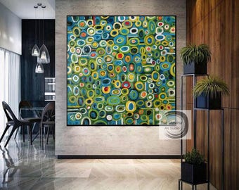 Original Abstract Green & Blue Oil Painting – Handmade Multicolor Ovals on Dark Green Blue Canvas, Vibrant Green Blue Abstract Artwork EM73