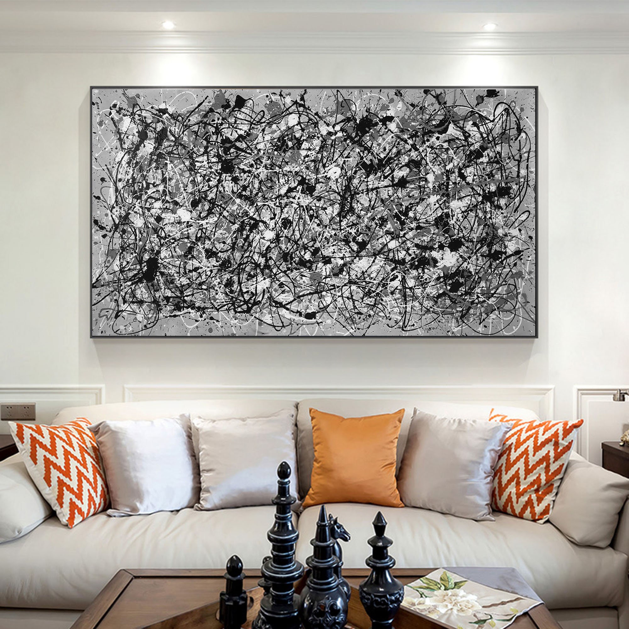 Large Abstract Wall Art, Black and White Painting on Canvas, Modern ...