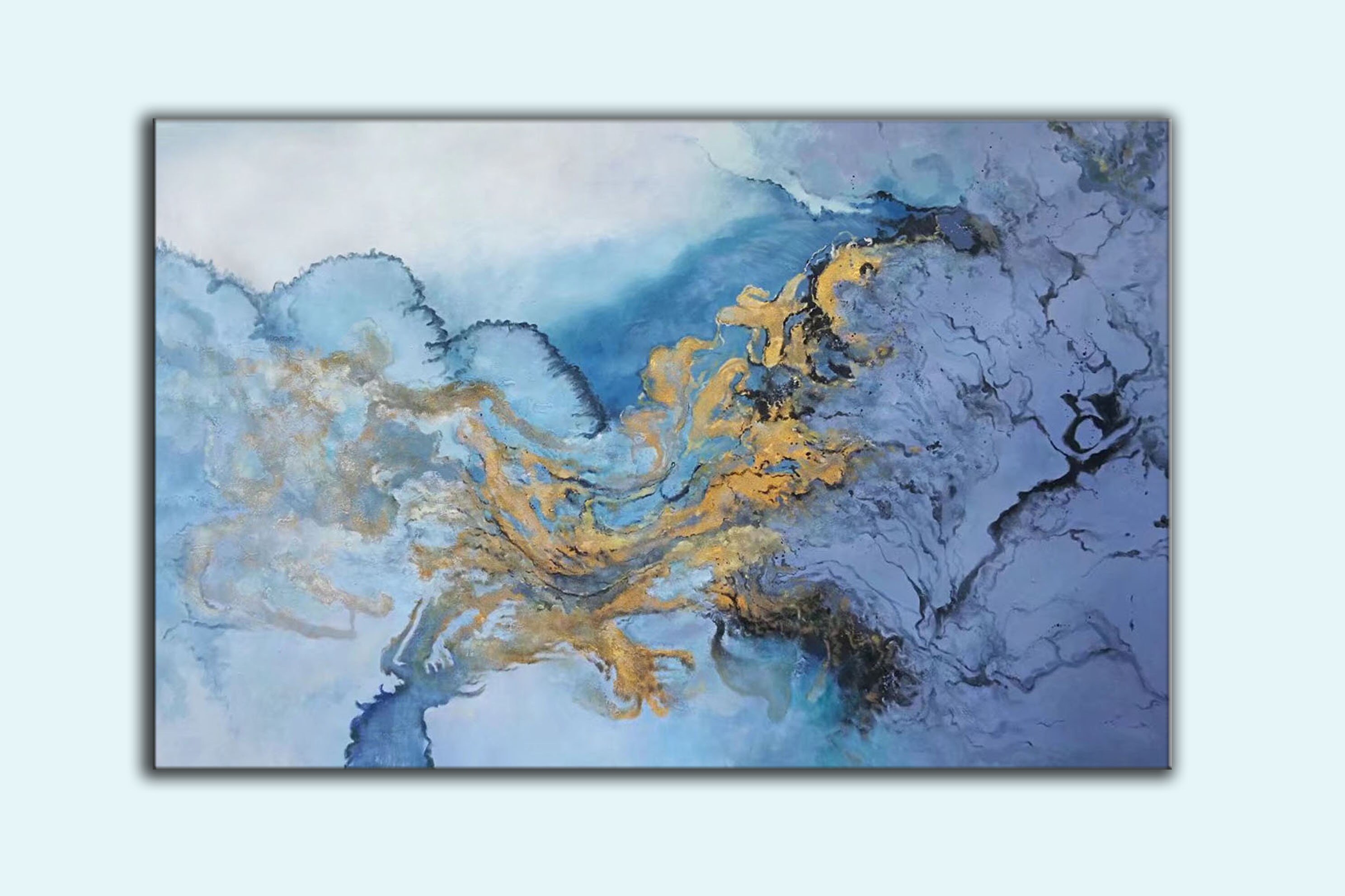 大きな抽象画オリジナル、青い抽象油絵、モダンな抽象壁アート、特大