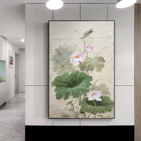 large oil painting,oversized wall art abstract,original Lotus Painting, lotus oil painting, large wall art, living room wall art canvasEM676