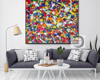 Original Colorful Abstract Textured Painting – Bold Multicolor Canvas Art in Red Blue Yellow Green for Modern Wall Decor EM36