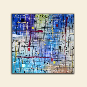 May include: Abstract painting with a blue, white, and yellow background. The painting features a grid of black lines with red and yellow accents.