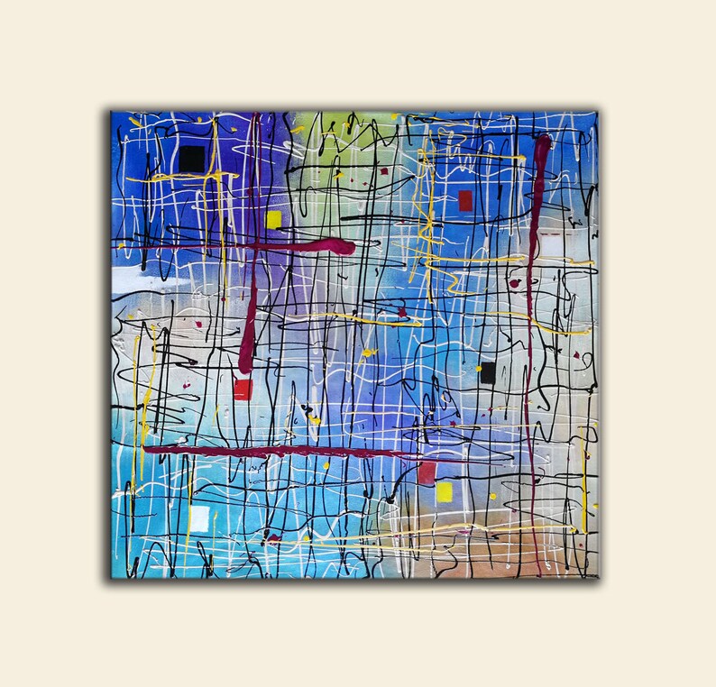 May include: Abstract painting with a blue, white, and yellow background. The painting features a grid of black lines with red and yellow accents.