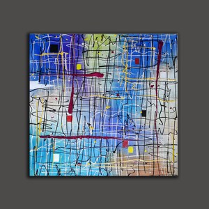 May include: Abstract painting with a blue, white, and yellow background. The painting features a variety of lines and shapes in black, red, and yellow.