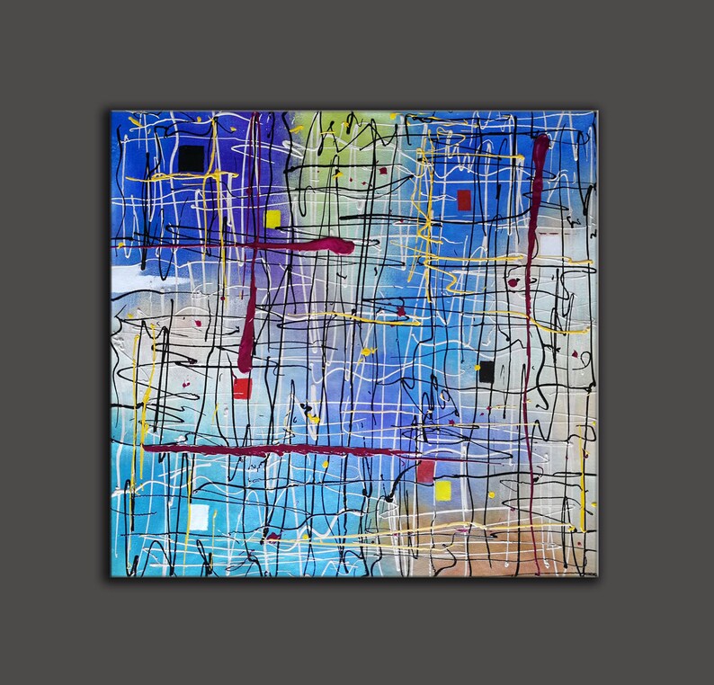 May include: Abstract painting with a blue, white, and yellow background. The painting features a variety of lines and shapes in black, red, and yellow.