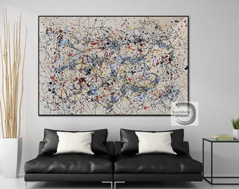 pollock style painting original wall art beige painting large canvas art beige wall art living room wall decor contemporary art E976
