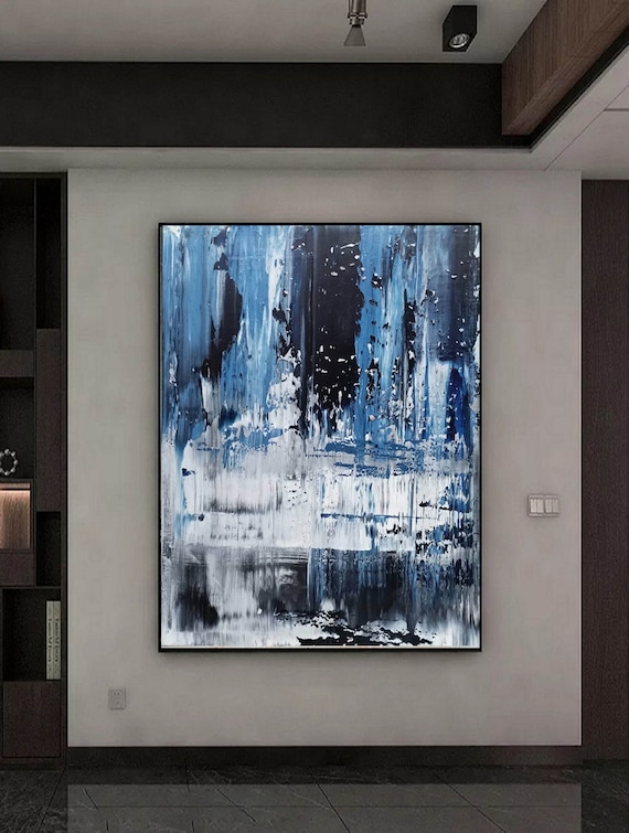 特大抽象アート、青い抽象画、モダンな抽象壁アート、リビングルームの