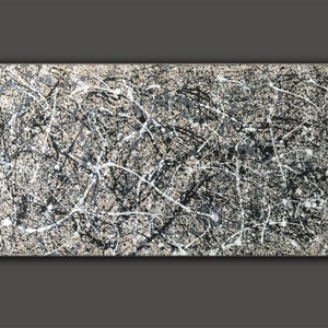 May include: Abstract painting with black, white and grey paint splatters and lines on a beige canvas.