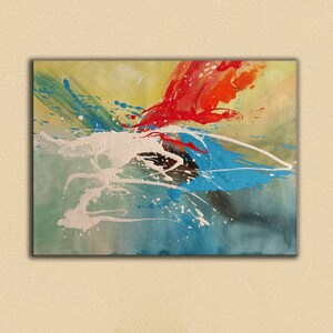May include: Abstract painting with splashes of red, blue, green, and white paint on a yellow background.