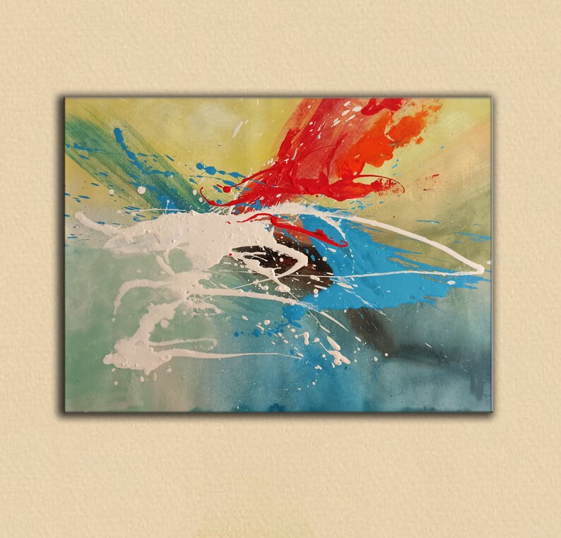 May include: Abstract painting with splashes of red, blue, green, and white paint on a yellow background.