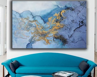 large abstract painting original, blue abstract oil painting, modern abstract wall art, extra large canvas wall art, large oil painting EM91