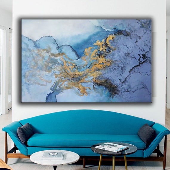 大きな抽象画オリジナル、青い抽象油絵、モダンな抽象壁アート、特大