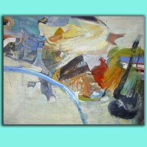 May include: Abstract painting with a mix of blue, green, yellow, orange, red, and brown paint. The painting has a textured surface and a white background.
