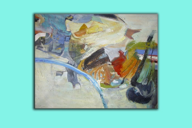 May include: Abstract painting with a mix of blue, green, yellow, orange, red, and brown paint. The painting has a textured surface and a white background.