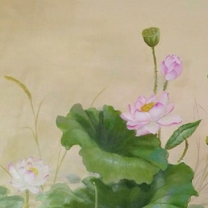 May include: A painting of pink lotus flowers with green leaves and stems against a light beige background.