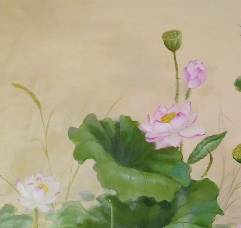 May include: A painting of pink lotus flowers with green leaves and stems against a light beige background.