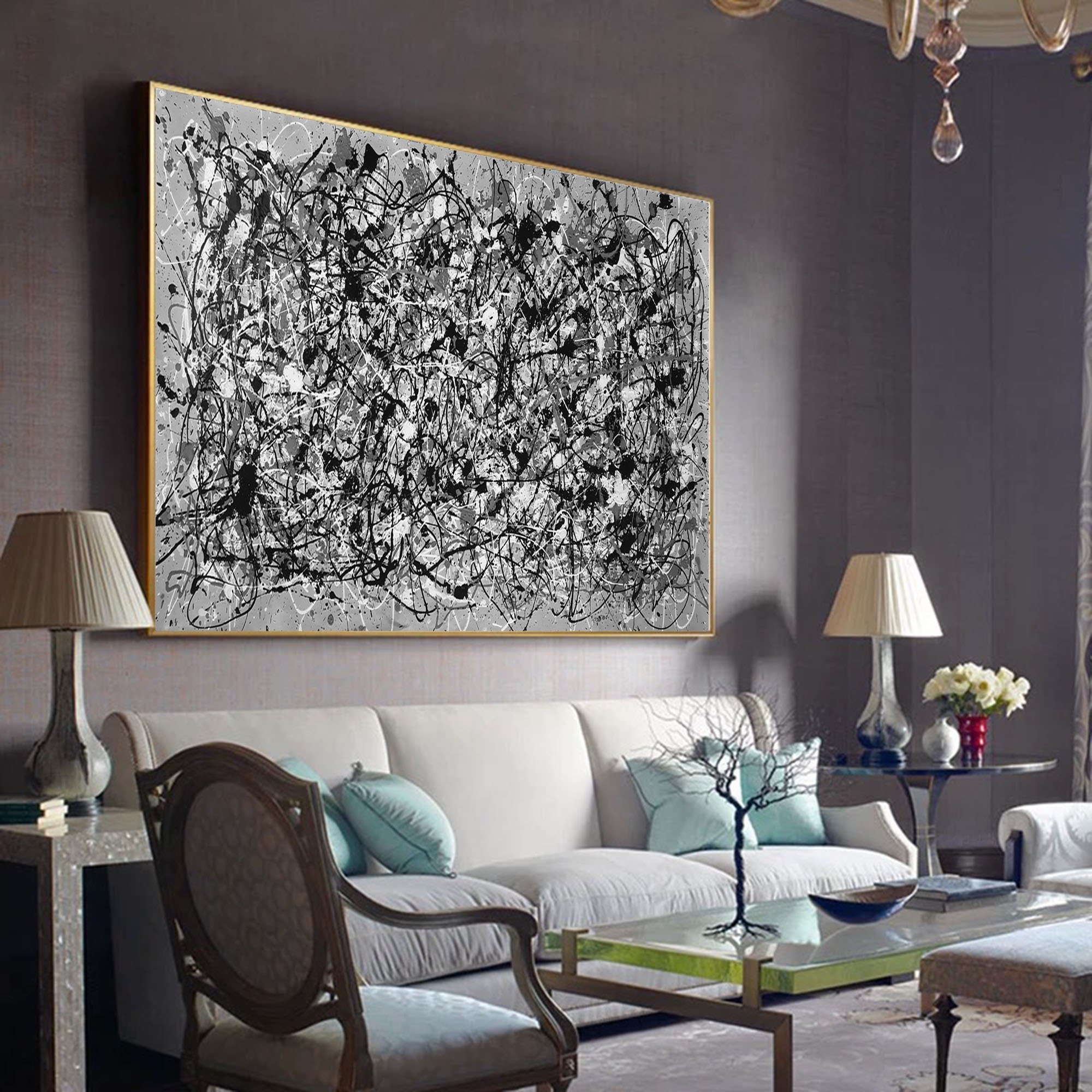 Large Abstract Wall Art, Black and White Painting on Canvas, Modern ...