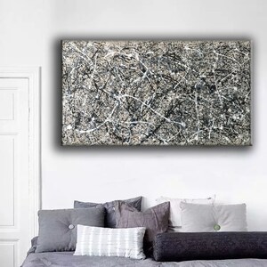 May include: Abstract painting with black, white and grey paint splatters and lines on a canvas.
