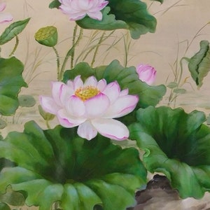 May include: A painting of pink lotus flowers with green leaves. The flowers are in bloom and the leaves are large and lush.