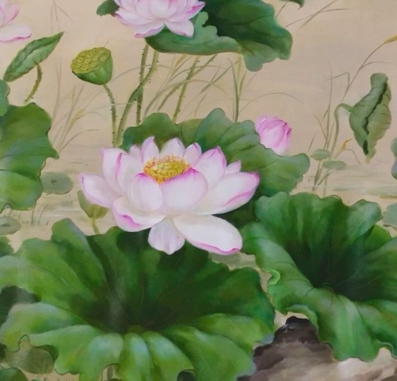 May include: A painting of pink lotus flowers with green leaves. The flowers are in bloom and the leaves are large and lush.