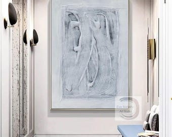 オリジナルの白とグレーの3Dテクスチャ抽象画、白のミニマルな