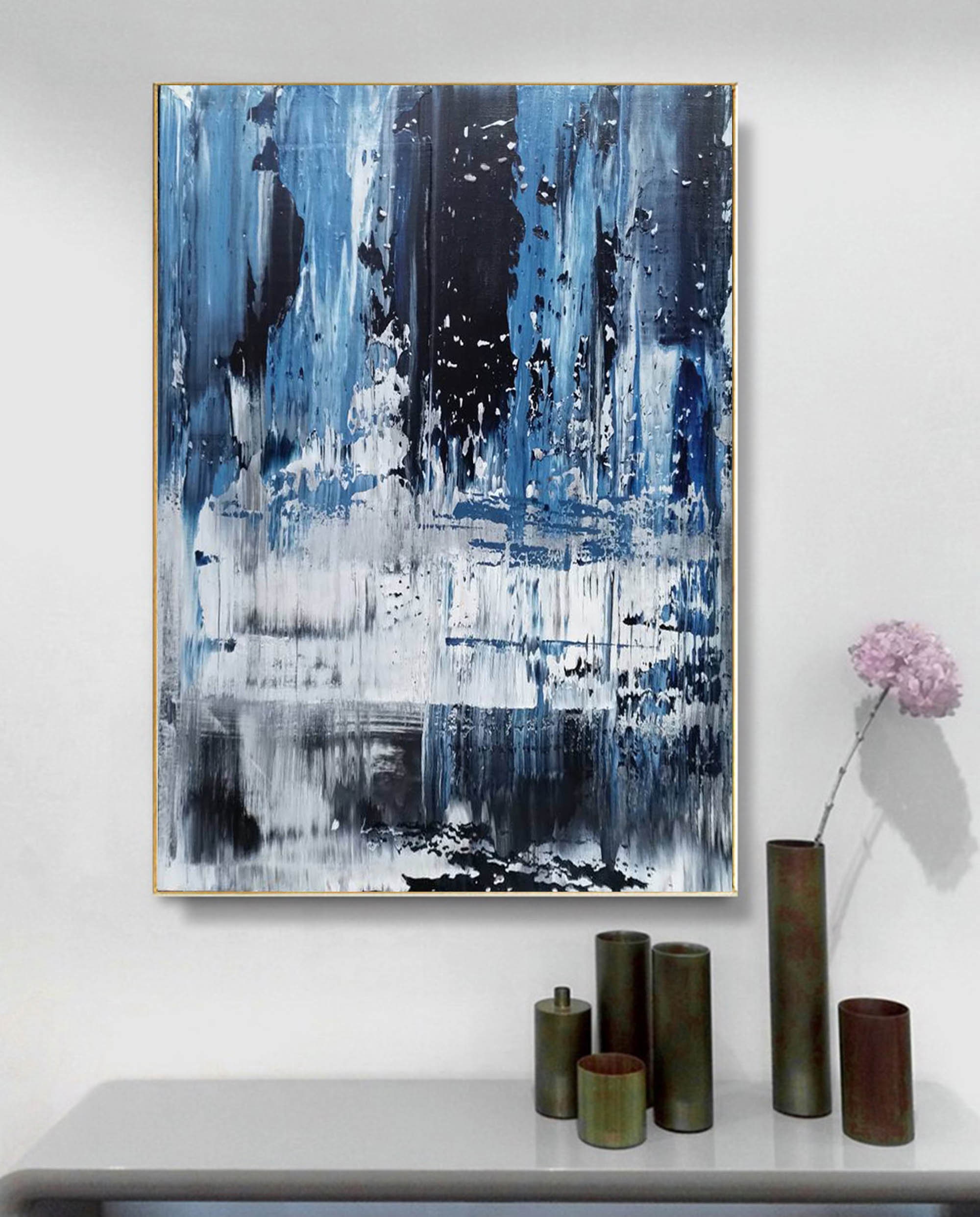 特大抽象アート、青い抽象画、モダンな抽象壁アート、リビングルームの