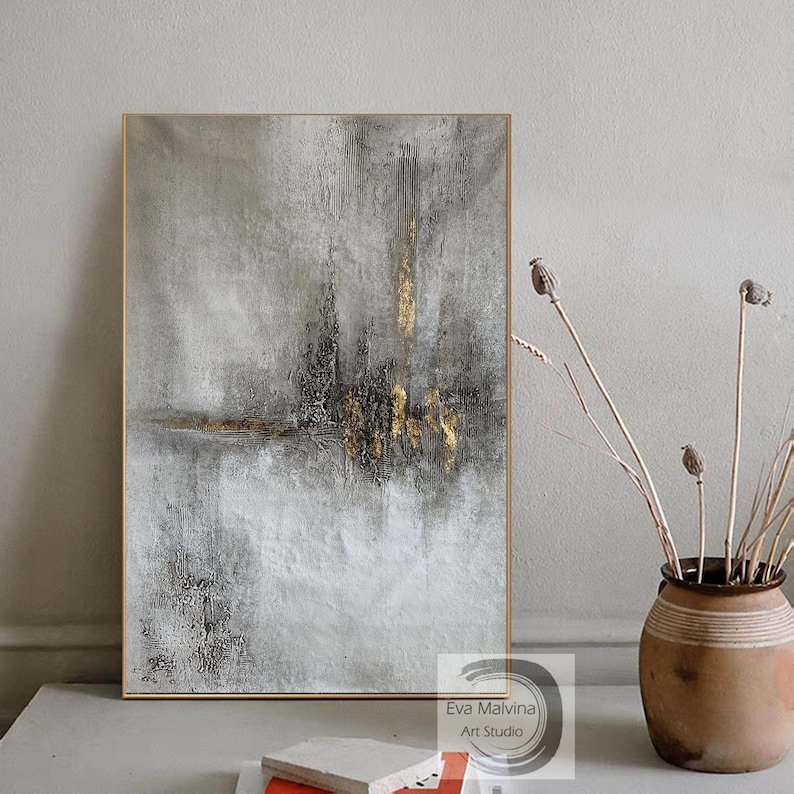 Original Abstract Painting with Gold Accents | Handmade Textured Wall Art | Modern Gray and Gold Artwork E36