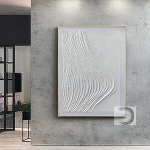 Peinture texturée blanc pur, art mural texturé 3D blanc, peinture acrylique blanche, peinture abstraite moderne pour salon, art minimaliste E124