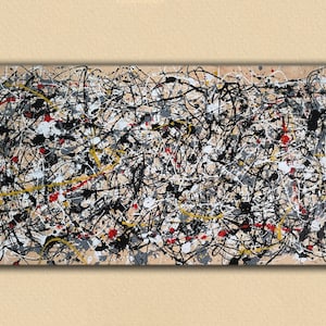May include: Abstract painting with black, white, yellow, and red paint splatters and lines on a beige background.