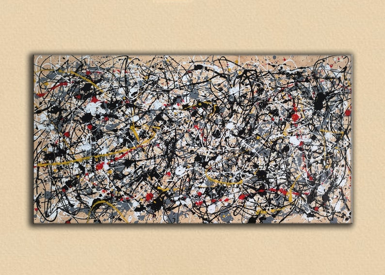 May include: Abstract painting with black, white, yellow, and red paint splatters and lines on a beige background.