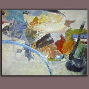 May include: Abstract painting with bold strokes of blue, green, yellow, red, and brown paint on a white canvas.