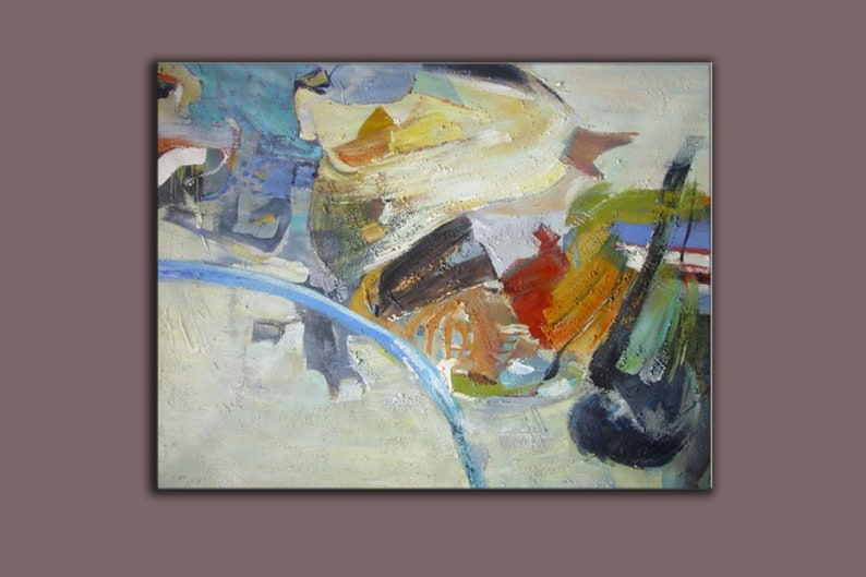 May include: Abstract painting with bold strokes of blue, green, yellow, red, and brown paint on a white canvas.