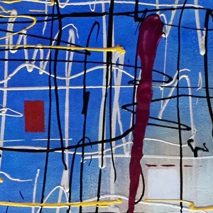 May include: Abstract painting with a blue background, black, white, and yellow lines, and a red square in the upper left corner. A thick vertical line of dark purple paint runs down the right side of the canvas.
