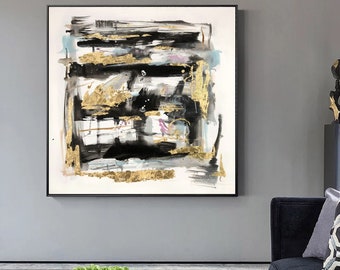 modern abstract painting on canvas original, extra large wall art abstract, gold leaf painting, large abstract canvas art EM80