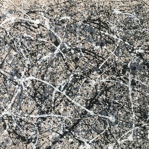May include: Abstract painting with black, white and grey paint splatters and lines on a beige background.