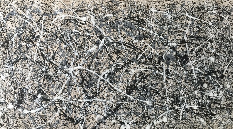 May include: Abstract painting with black, white and grey paint splatters and lines on a beige background.
