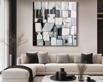 Large Handmade Abstract Painting – Textured Cubist Canvas Art in Neutral Gray and White Tones for Contemporary Interiors EM39